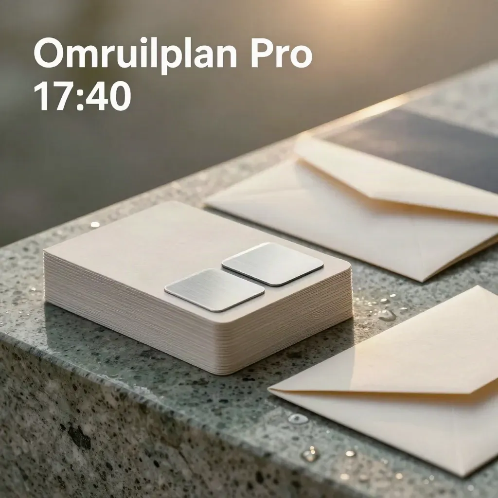 Omruilplan Pro-set met kaarten, badges en envelop op natte travertinplint in zacht licht