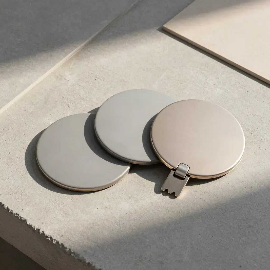 Bovenaanzicht van drie matte badge-schijven met houder op lichtgrijze betonplaat.