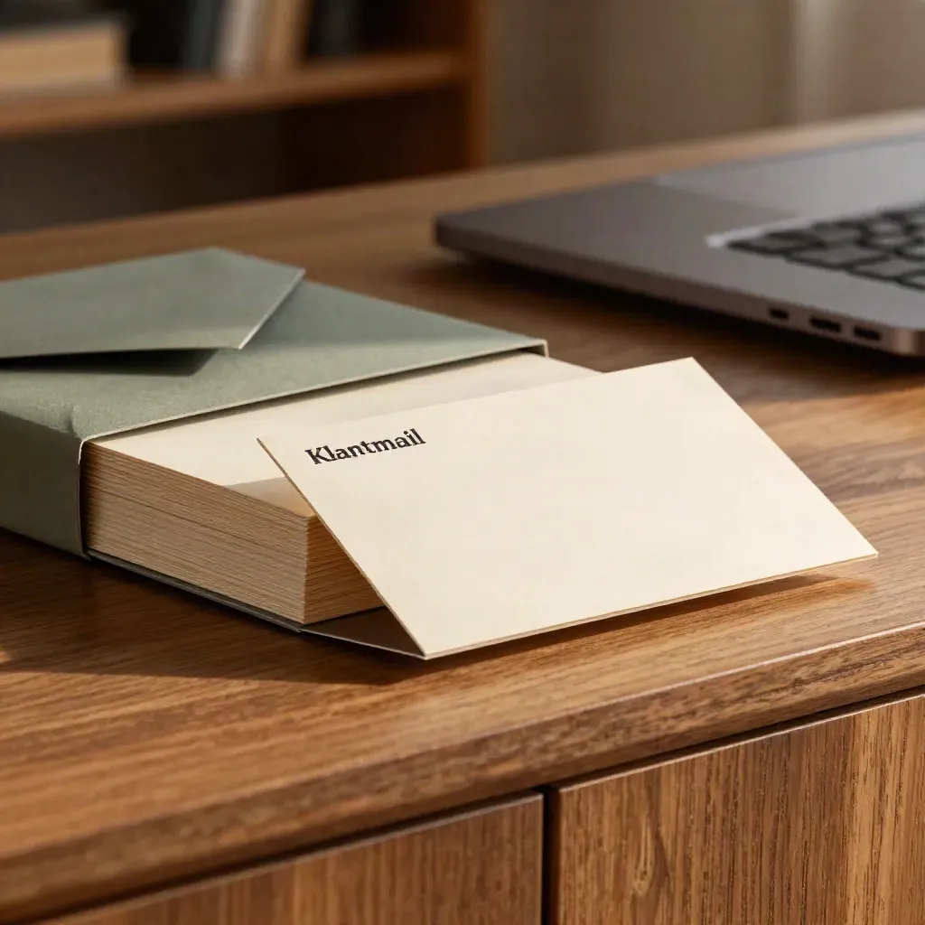 Klantmailset met kaarten, envelopband en laptophoek op warme houten kast.