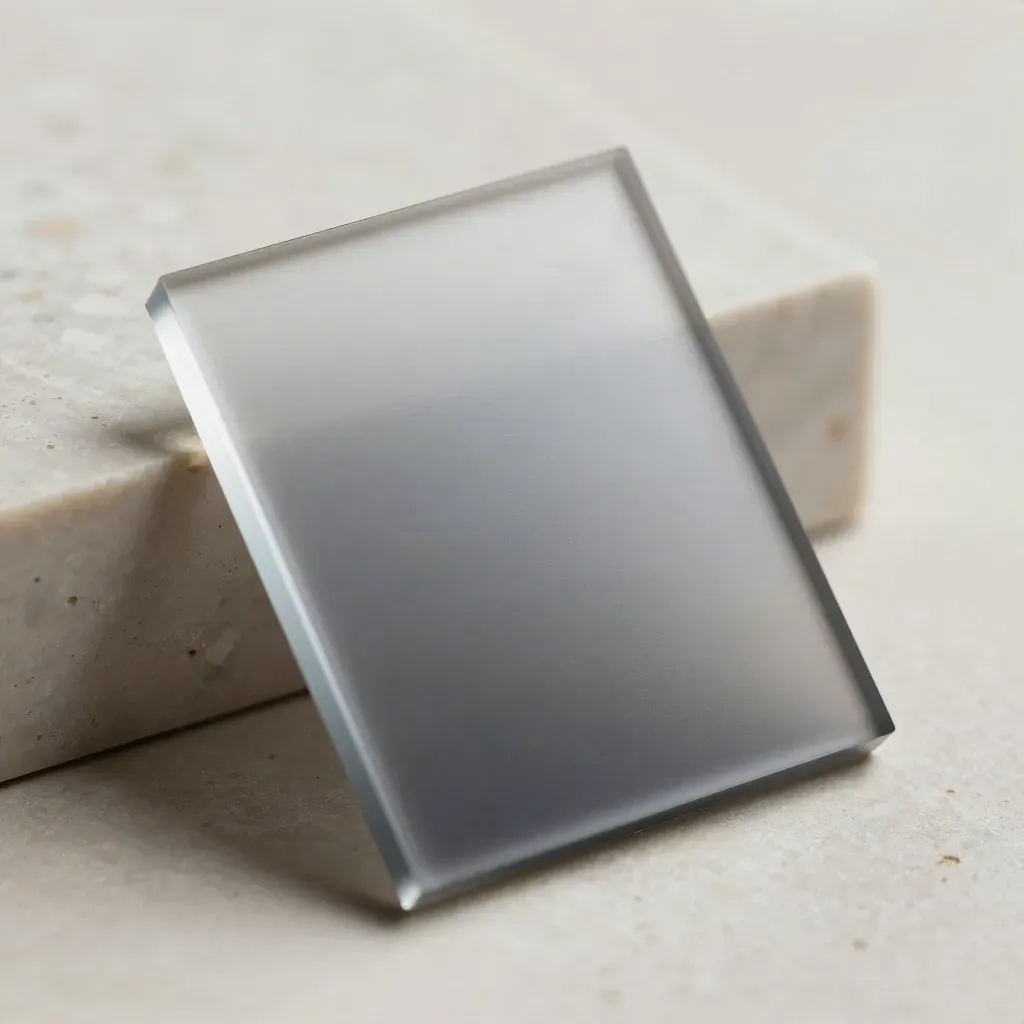 Close-up van een matte acryl Webshop Ruilbadge met klikvoet en gelaagde rand.