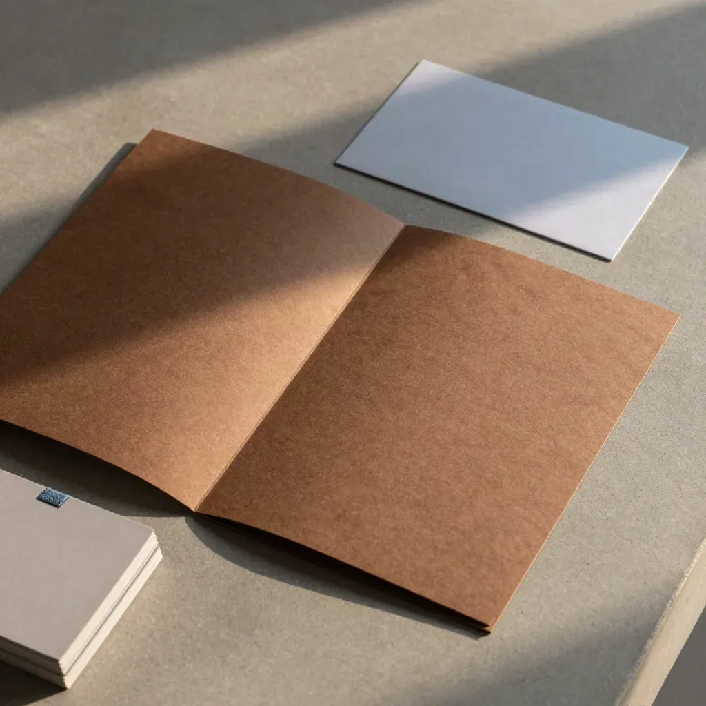 Overhead flatlay van een retourvoorwaarden-set met map, kaartjes en blauwe band op beton.