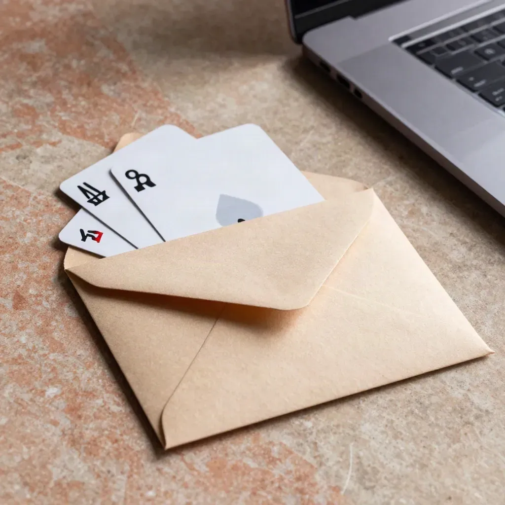 Kaartenset en envelop voor retourmail, naast een gesloten laptop in zachte terracotta setting.