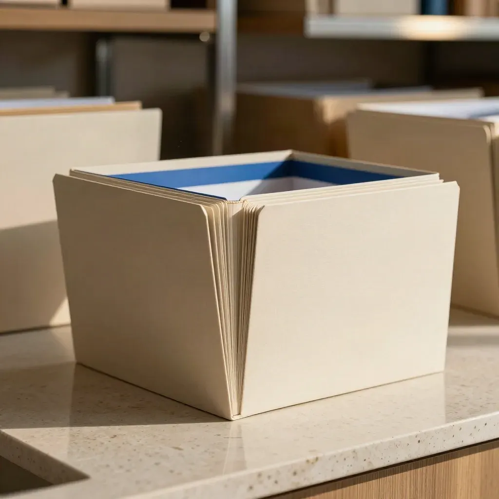 Open claimfolder met tabbladen en blauwe markerstrip op travertin ledge.
