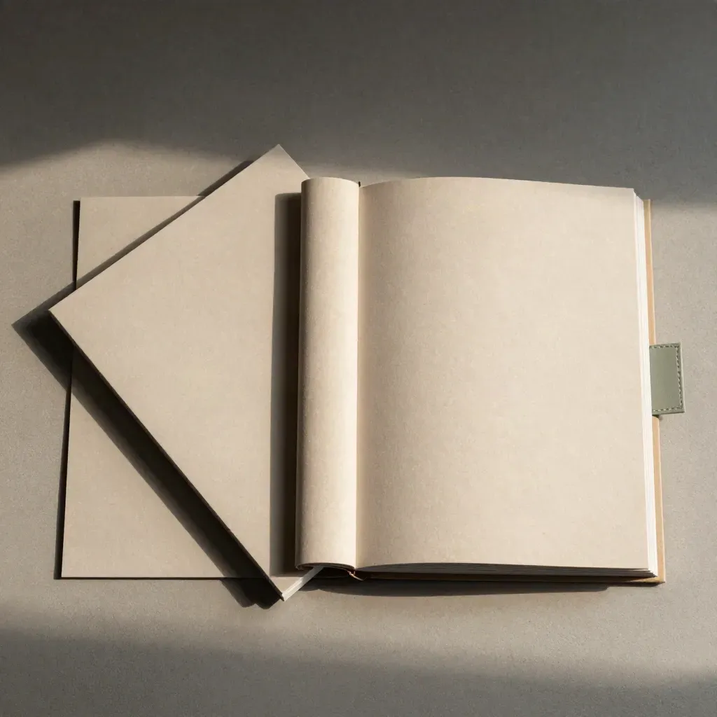 Overhead flatlay van gelaagde pagina-samples met groene accenten op beton.