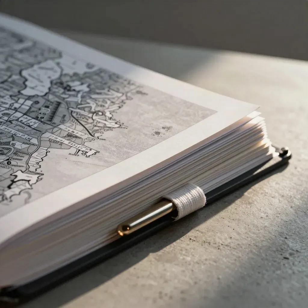 Close-up van een compacte scanmap met tabjes, metalen clip en witte notitieriem.