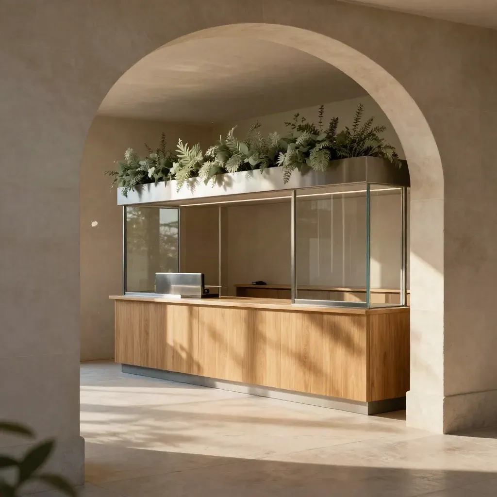 Lichte winkelpassage met hout, glas en staal, met rustige ruimte onderin voor kopie.